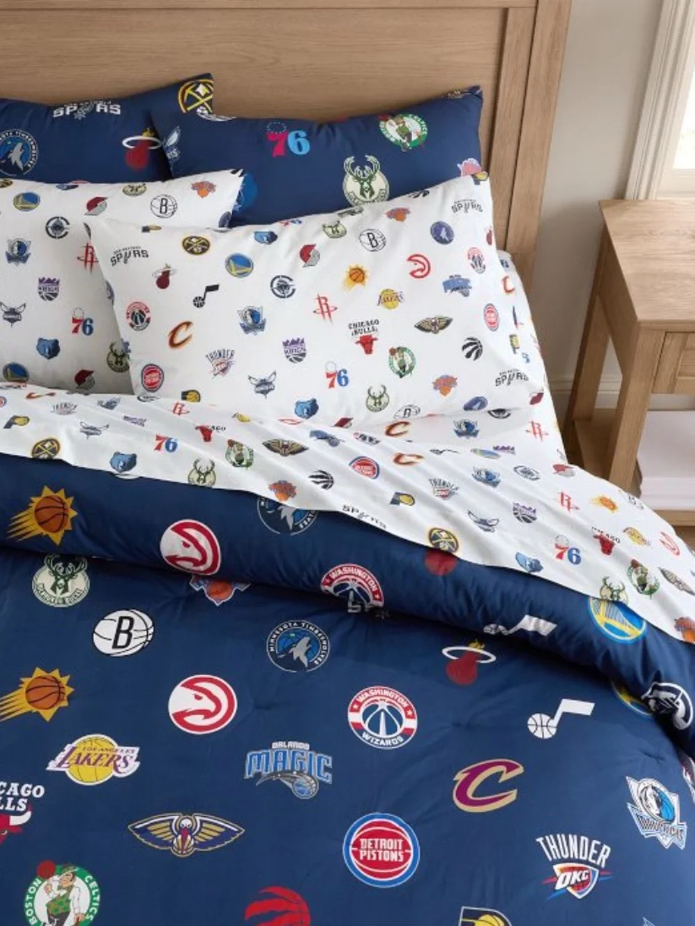 Pottery Barn Teen White NBA All Teams Sheet Set with Multi-Color Logos